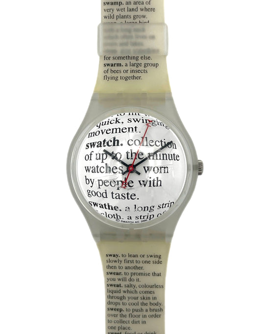 Watch with a white face displaying text and a silver case on a white background