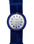 Watch with blue strap and silver face on a white background