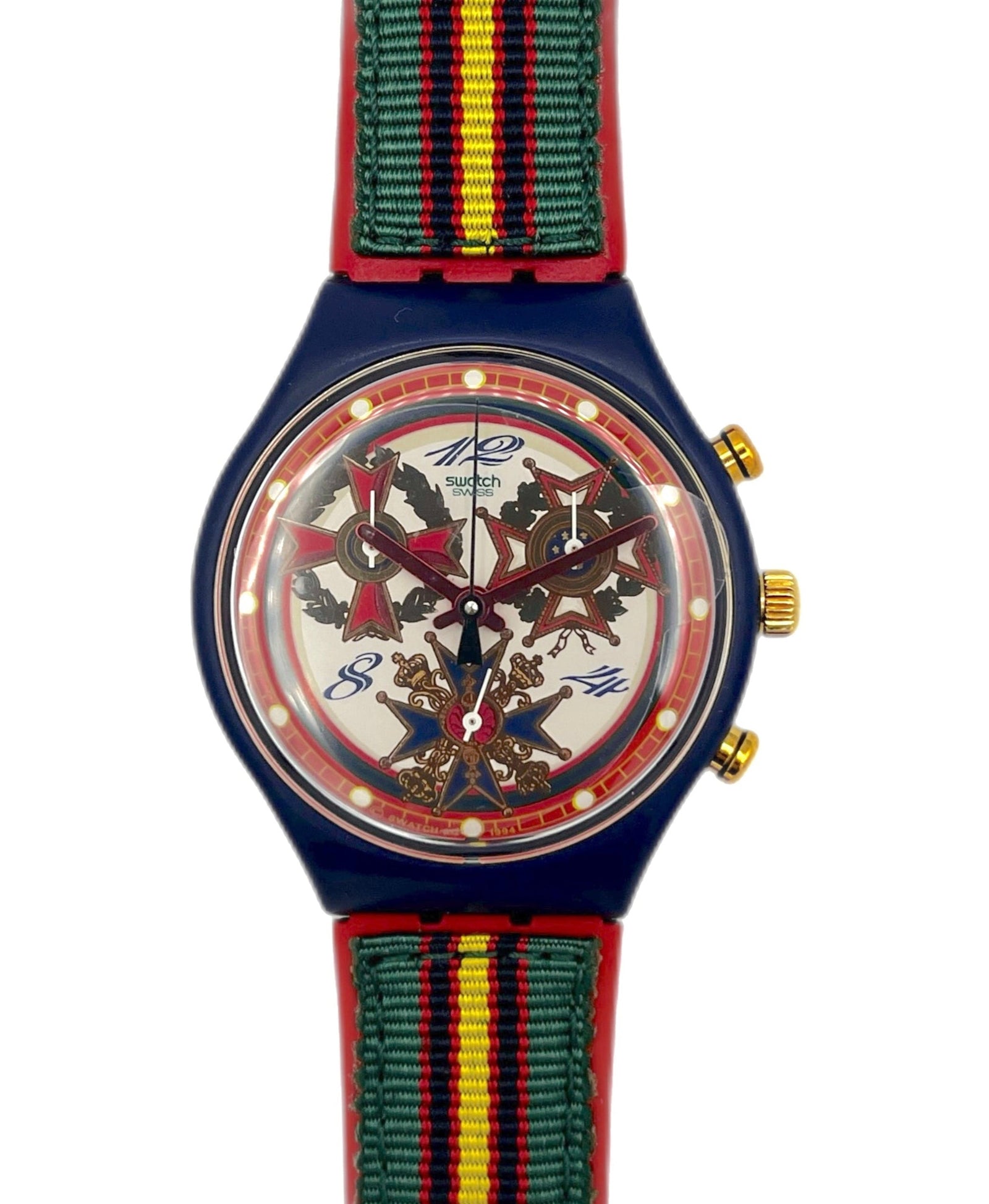 Watch with a colorful strap on a white background