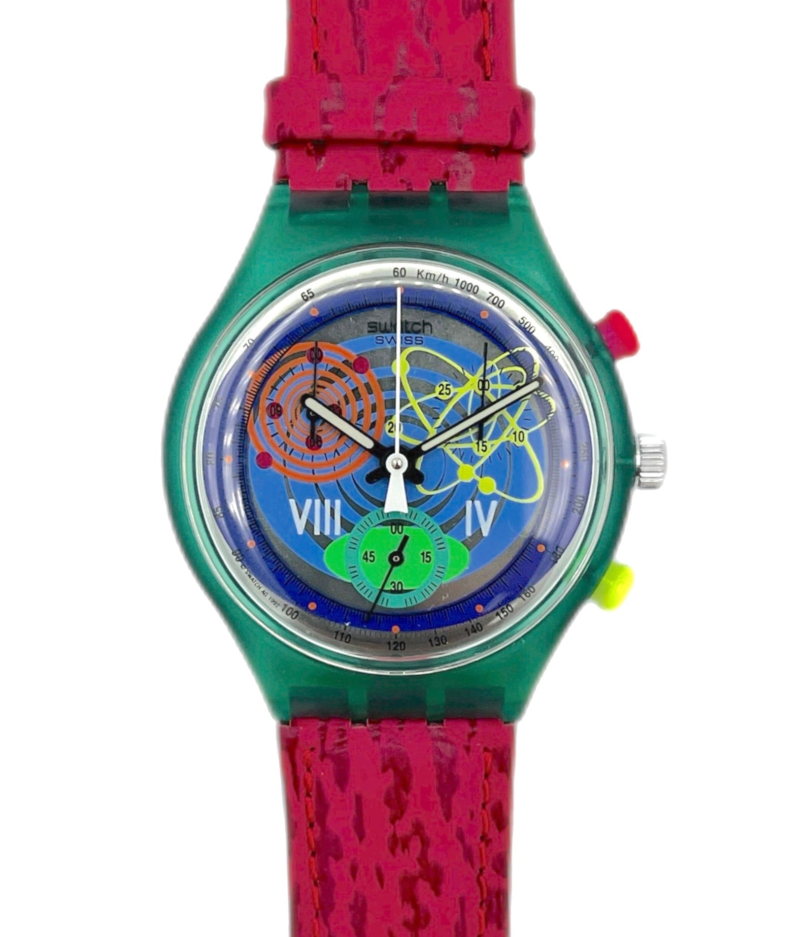 Watch with a red strap and colorful face on a white background