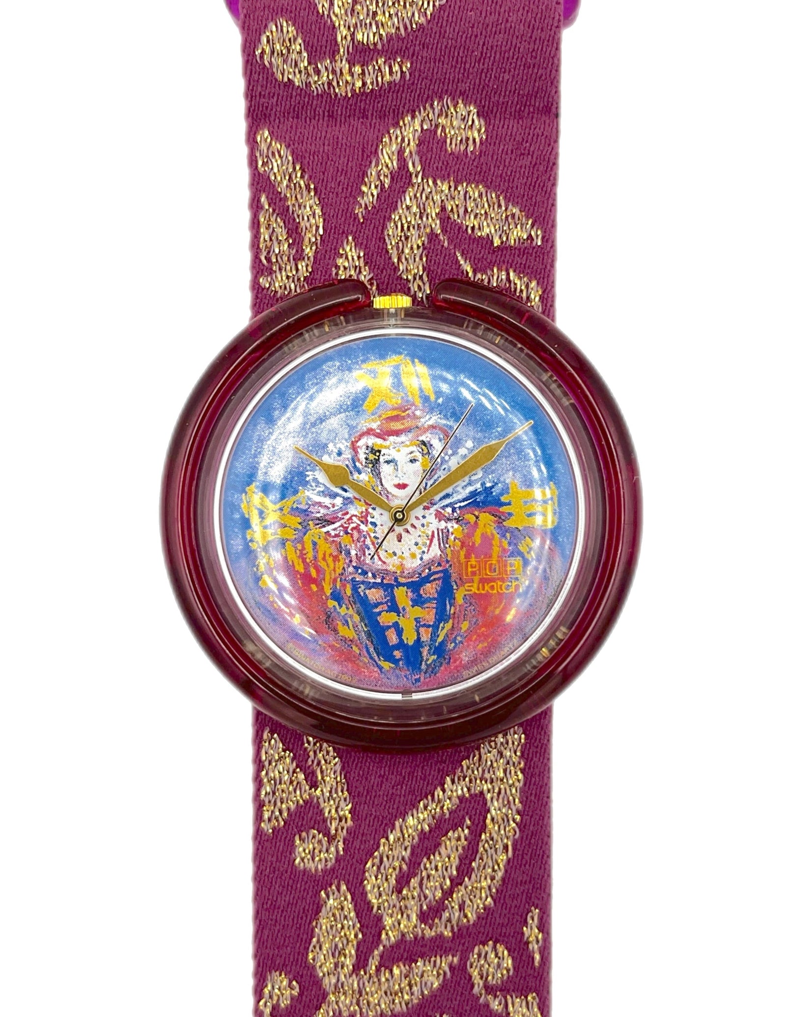 Watch with a colorful face and purple strap with gold patterns on a white background