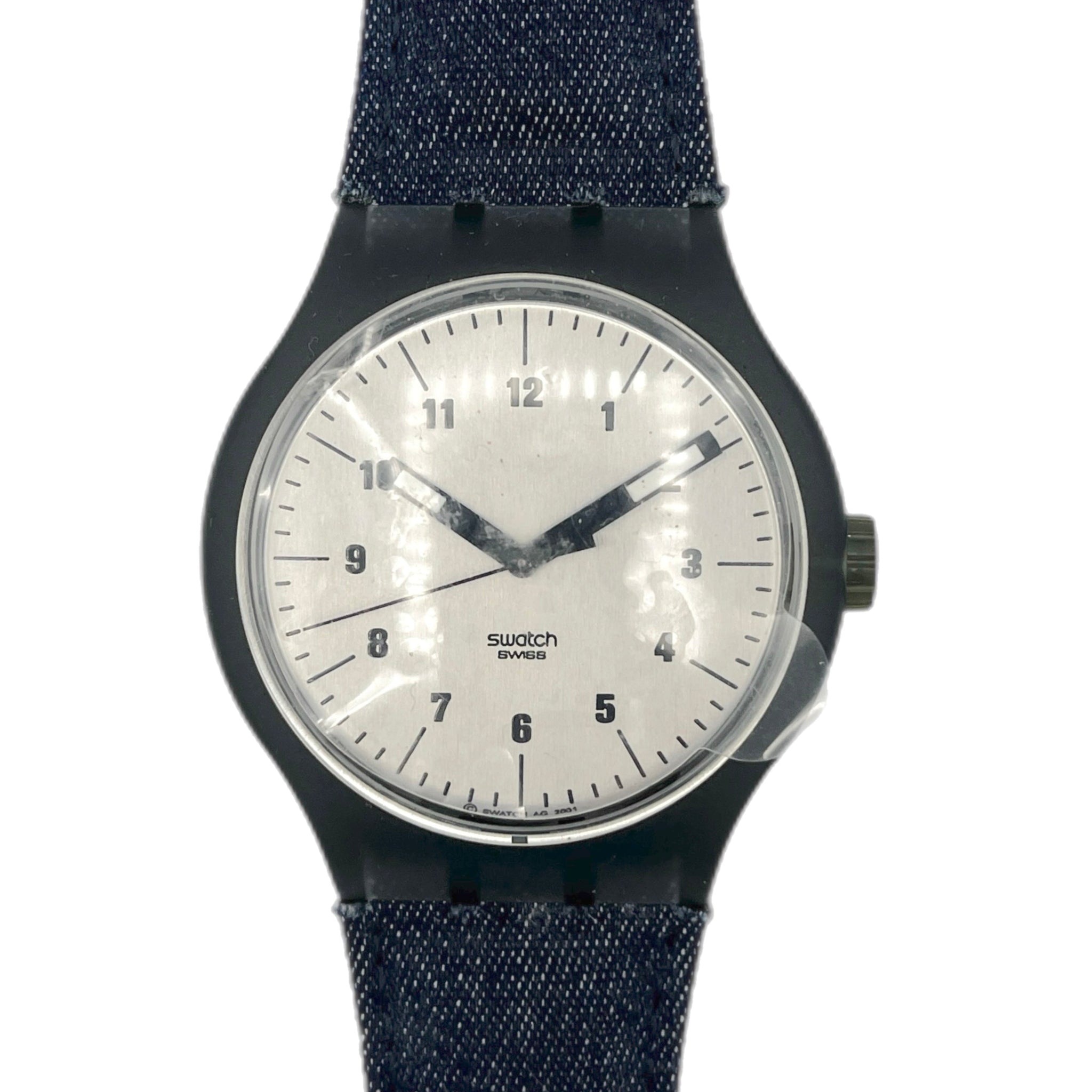 Watch with a blue denim strap on a white background