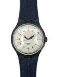 Watch with a blue denim strap on a white background