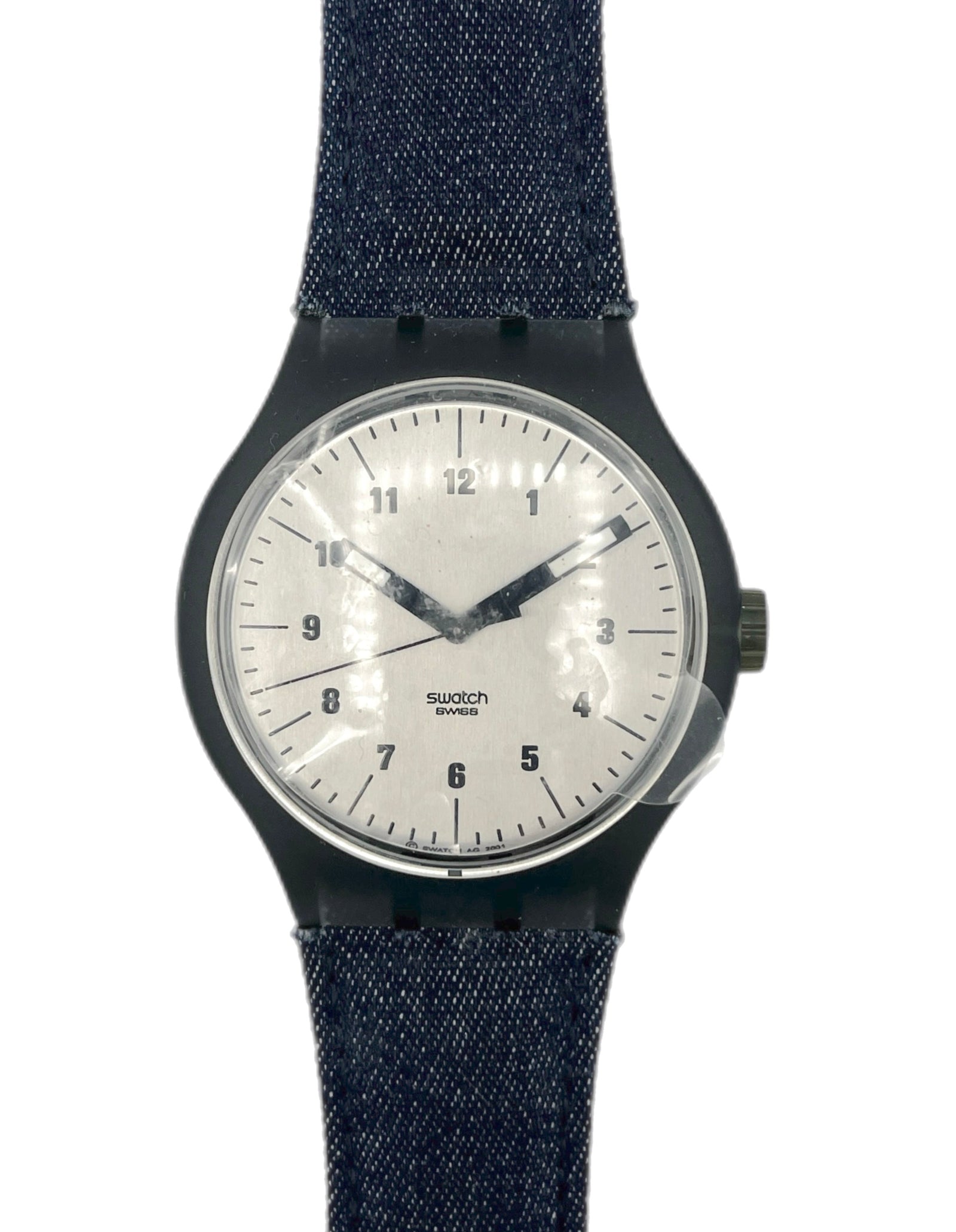 Watch with a blue denim strap on a white background