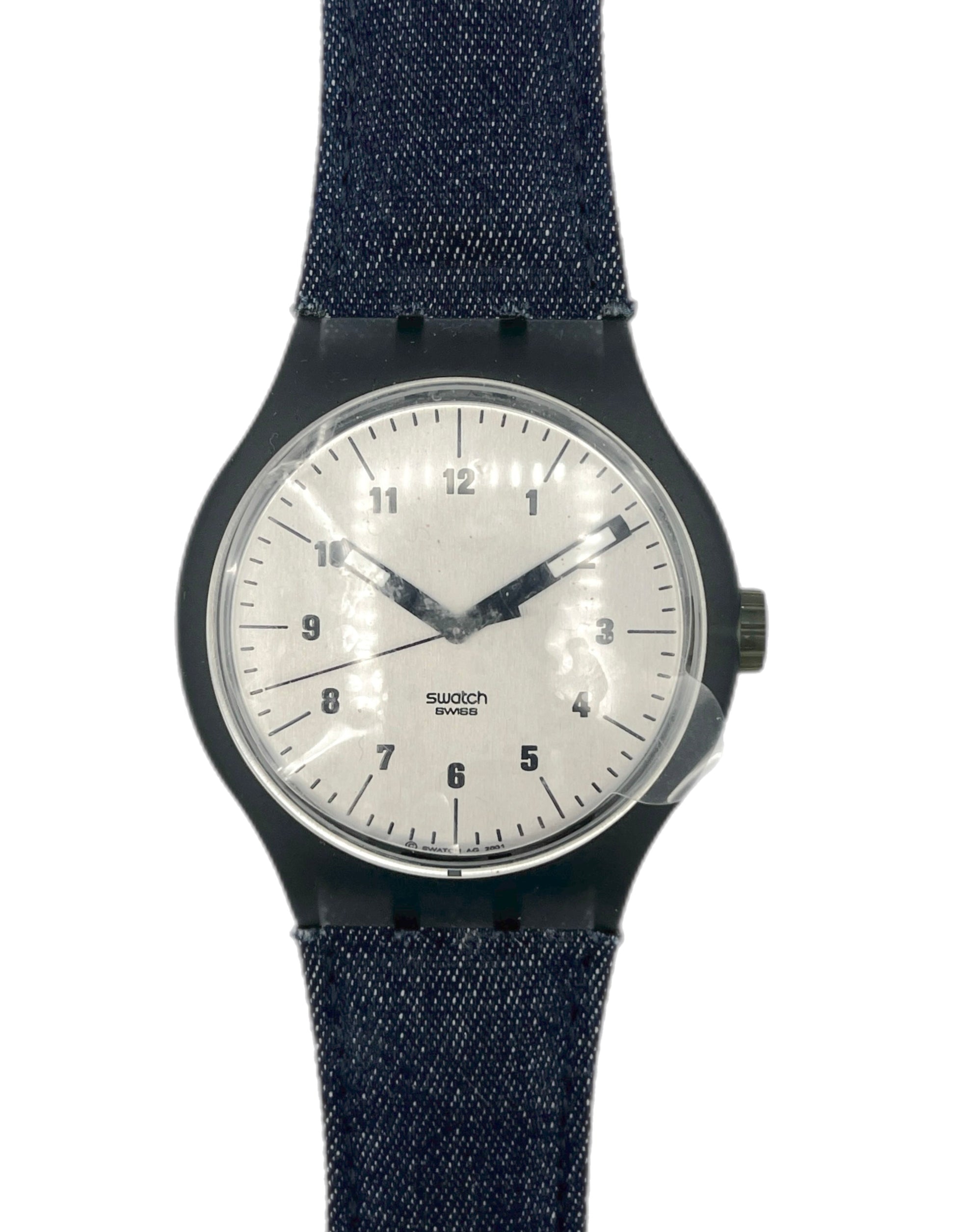 Watch with a blue denim strap on a white background