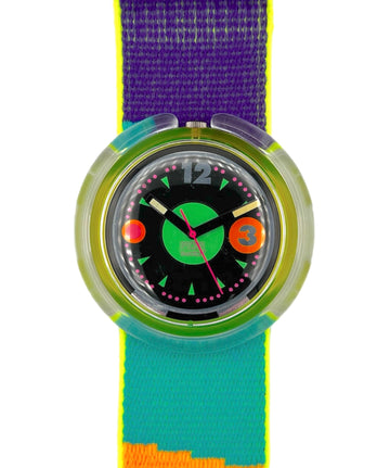 Colorful watch with a multicolored strap on a white background