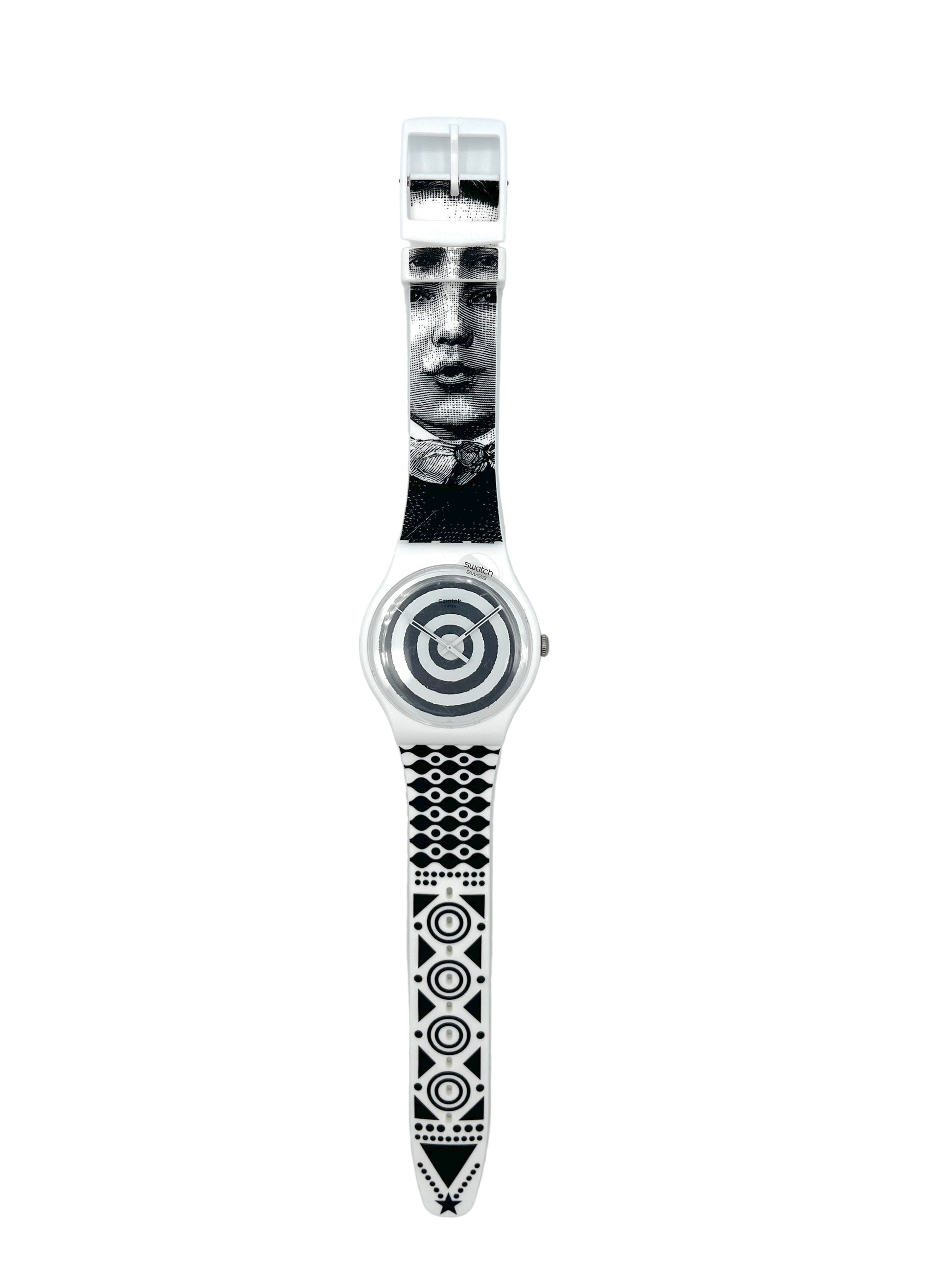 Wristwatch with a unique strap design on a light gray background