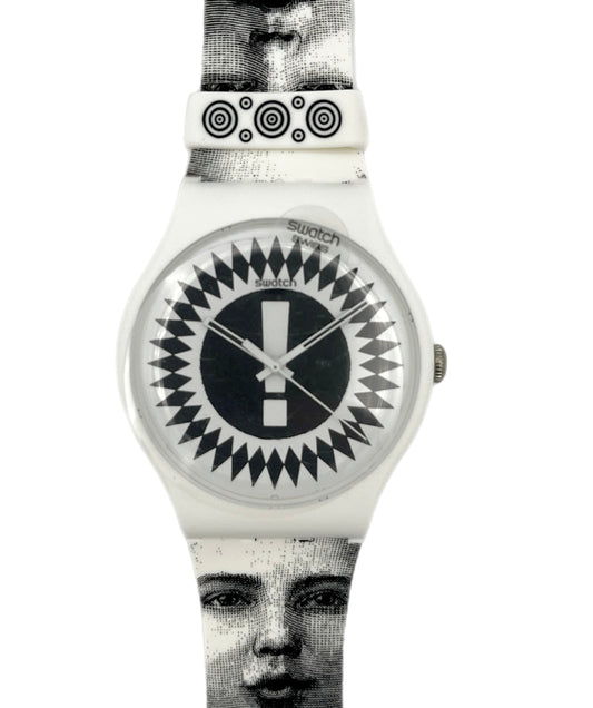 Watch with black and white patterned strap and face on a white background
