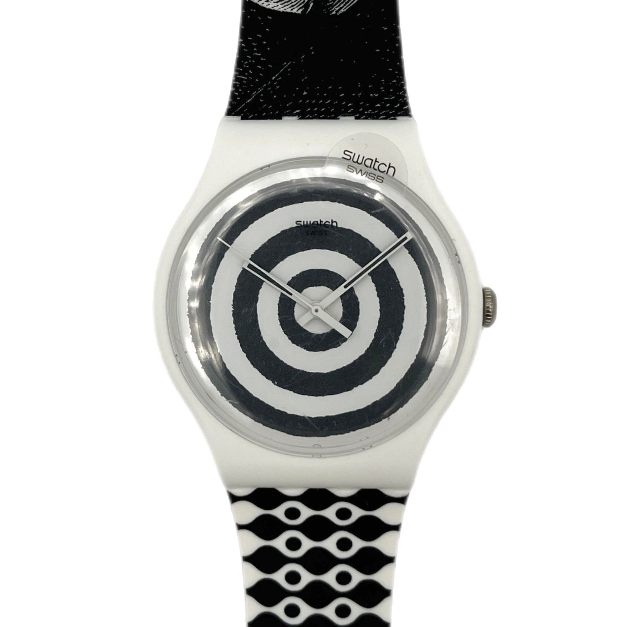 Swatch watch with black and white patterned strap on a white background