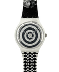 Swatch watch with black and white patterned strap on a white background