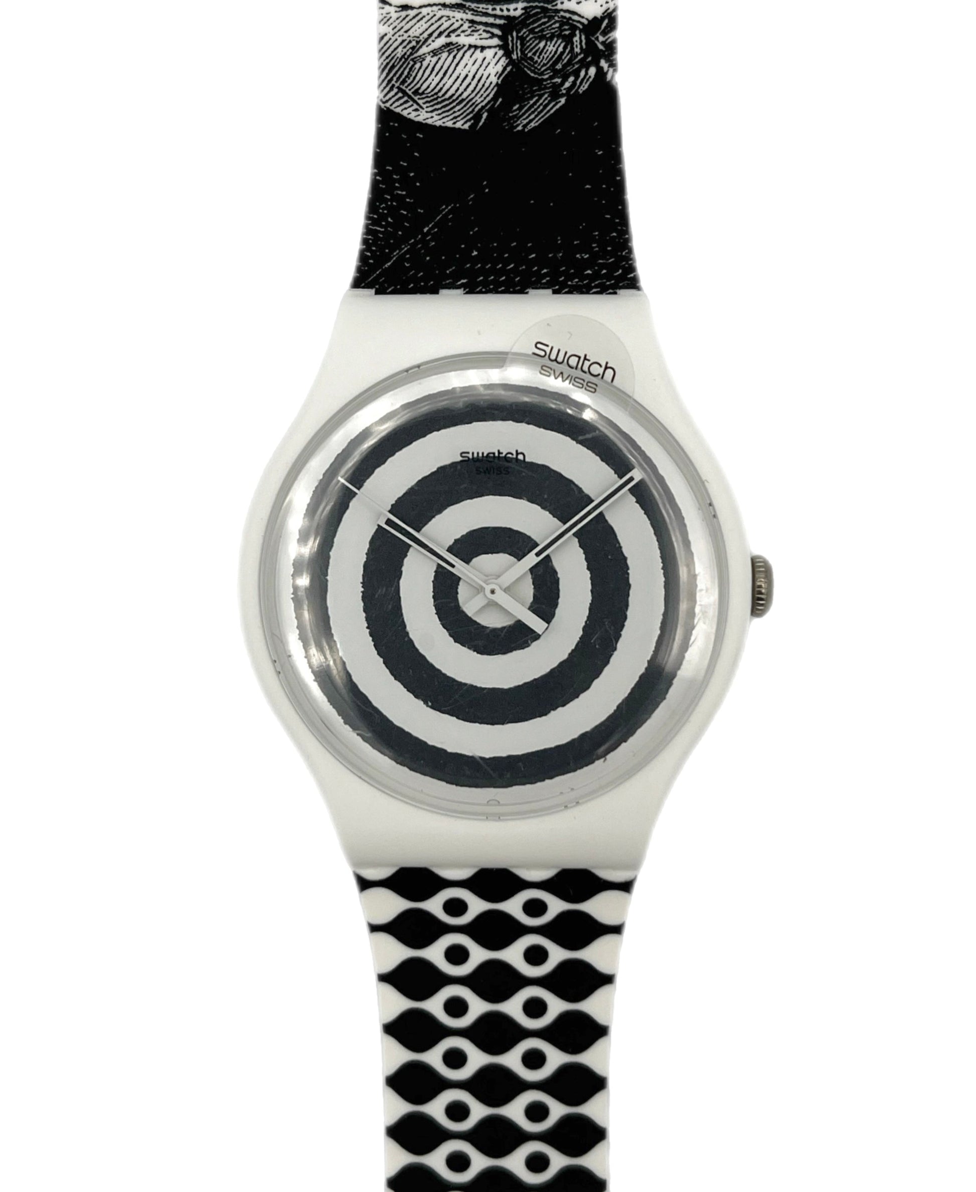 Swatch watch with black and white patterned strap on a white background
