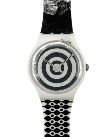 Swatch watch with black and white patterned strap on a white background