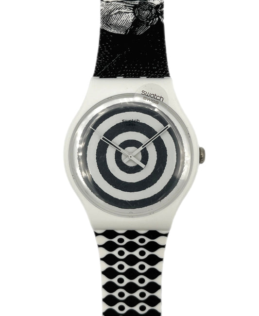 Swatch watch with black and white patterned strap on a white background