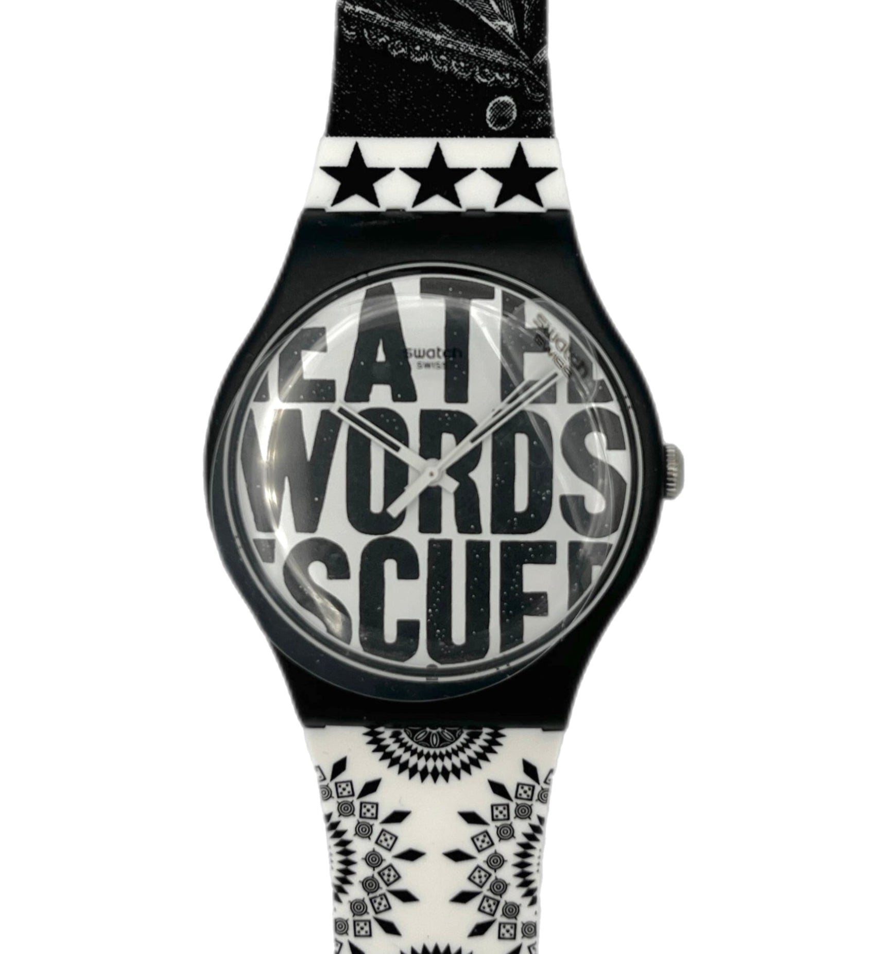 Watch with black and white design on a white background