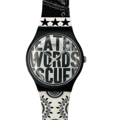 Watch with black and white design on a white background