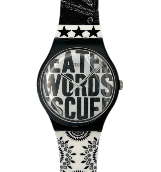 Watch with black and white design on a white background