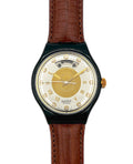 Swatch watch with brown leather strap and gold face on white background