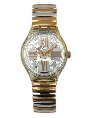 Two-tone gold and silver watch with a white face on a white background