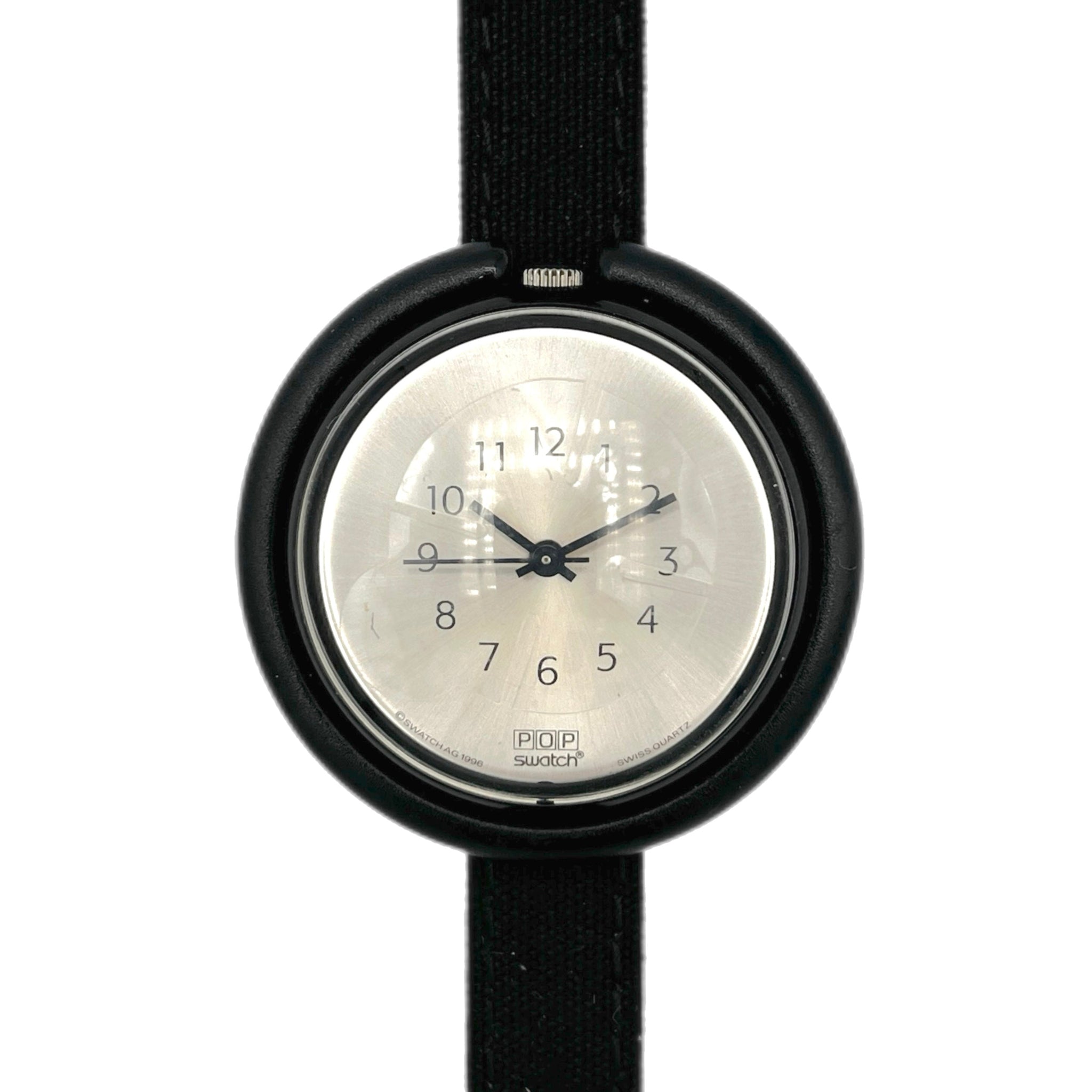 Black wristwatch with a silver face on a white background