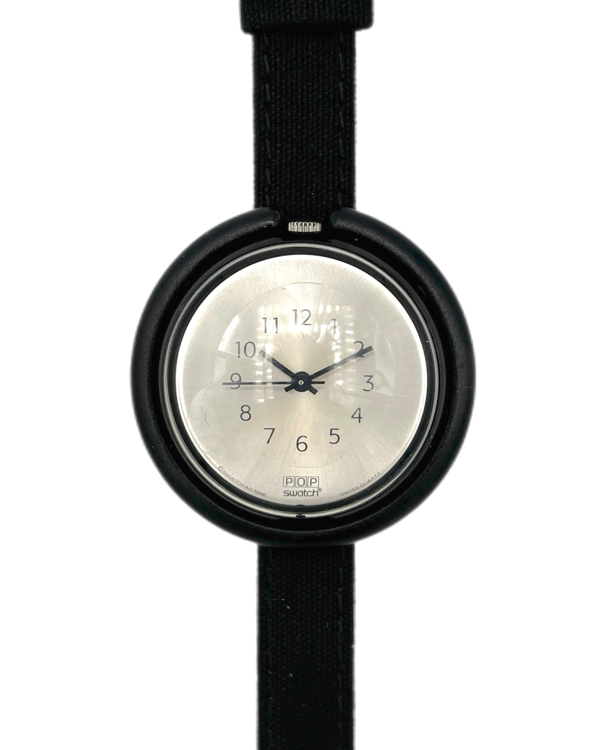 Black wristwatch with a silver face on a white background