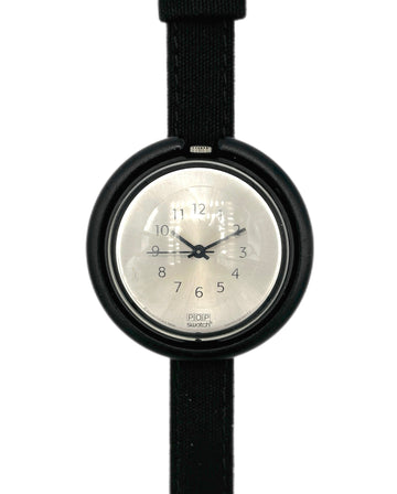 Black wristwatch with a silver face on a white background