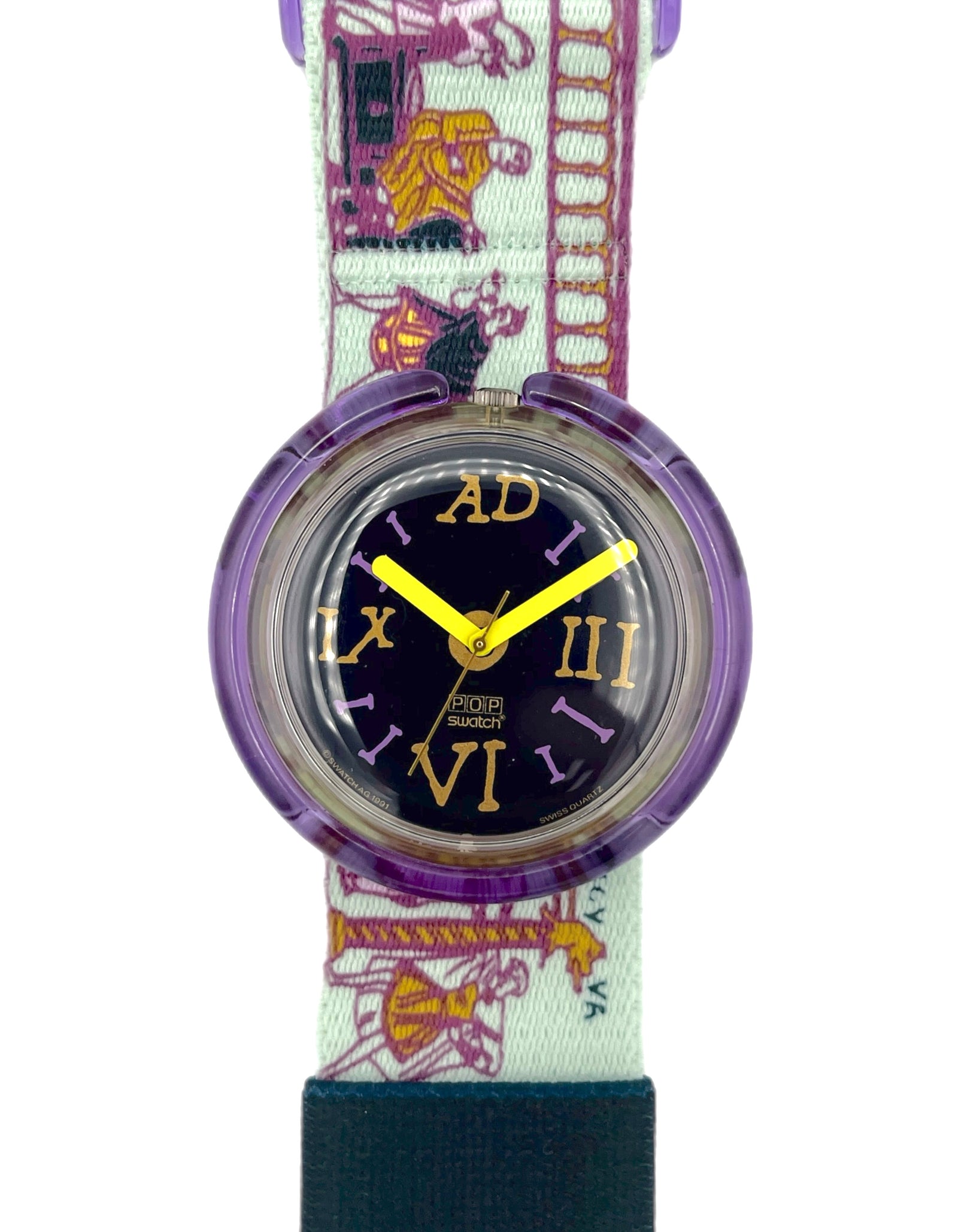 Watch with a colorful strap featuring Roman numeral hour markers on a white background