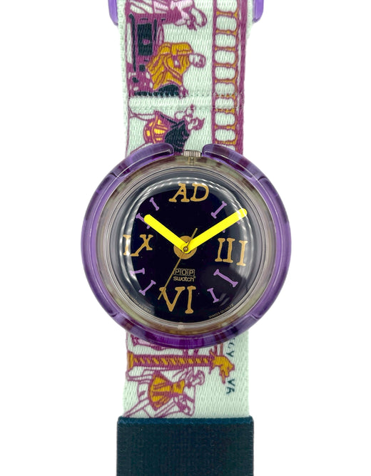 Watch with a colorful strap featuring Roman numeral hour markers on a white background
