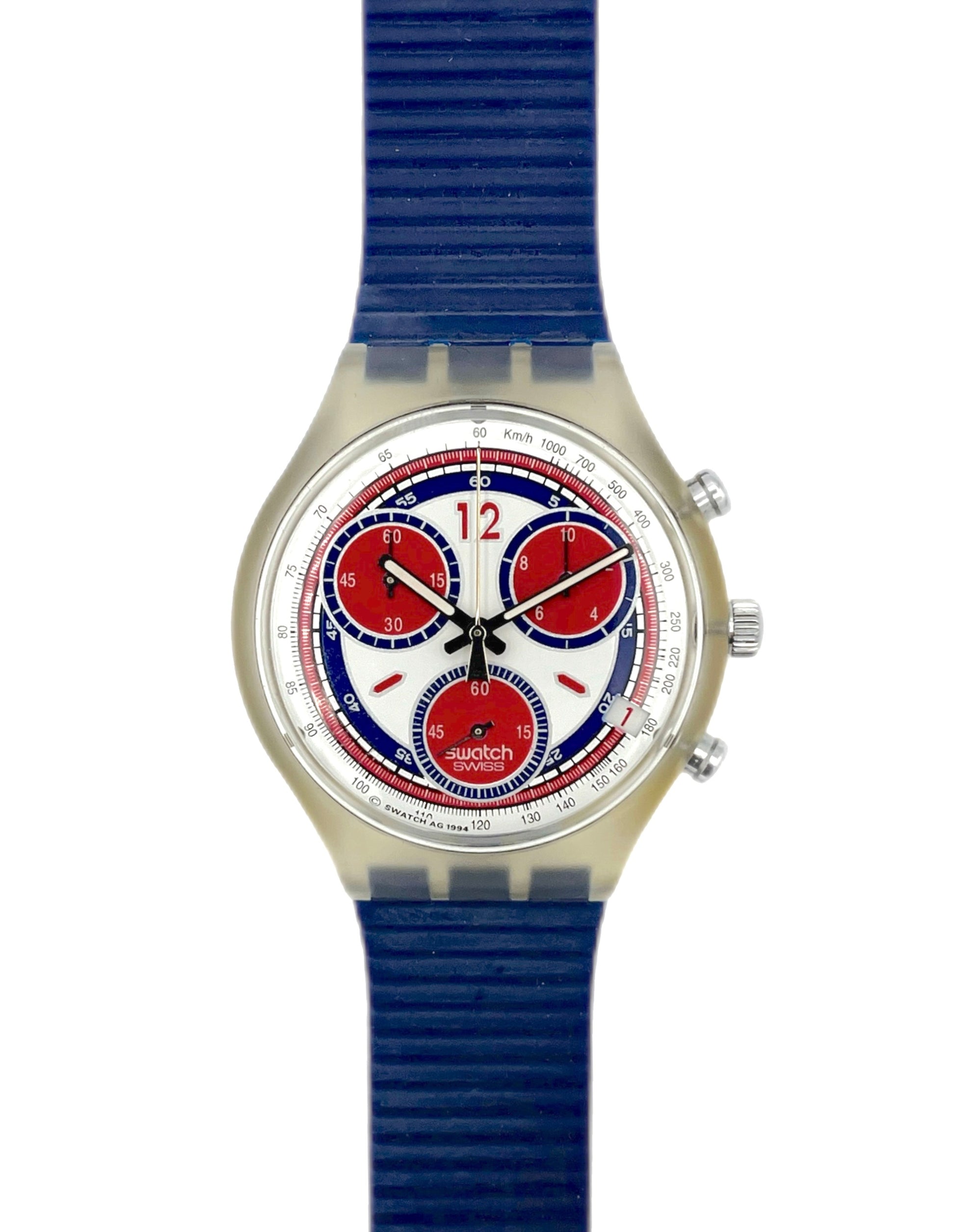 Wristwatch with blue strap and red face on a white background