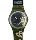 Swatch watch with green strap and black face on a white background
