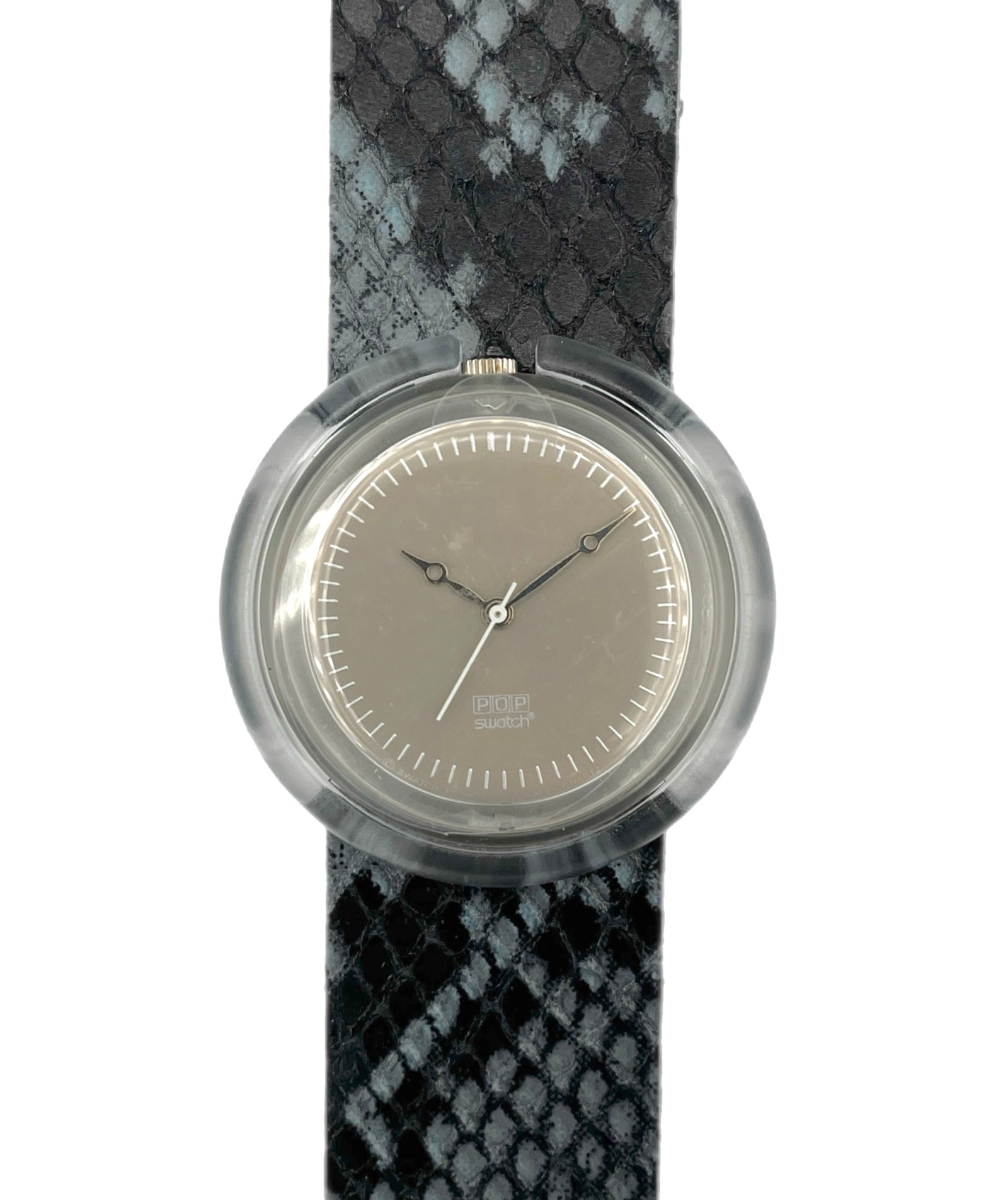 Watch with a black and gray patterned strap on a white background