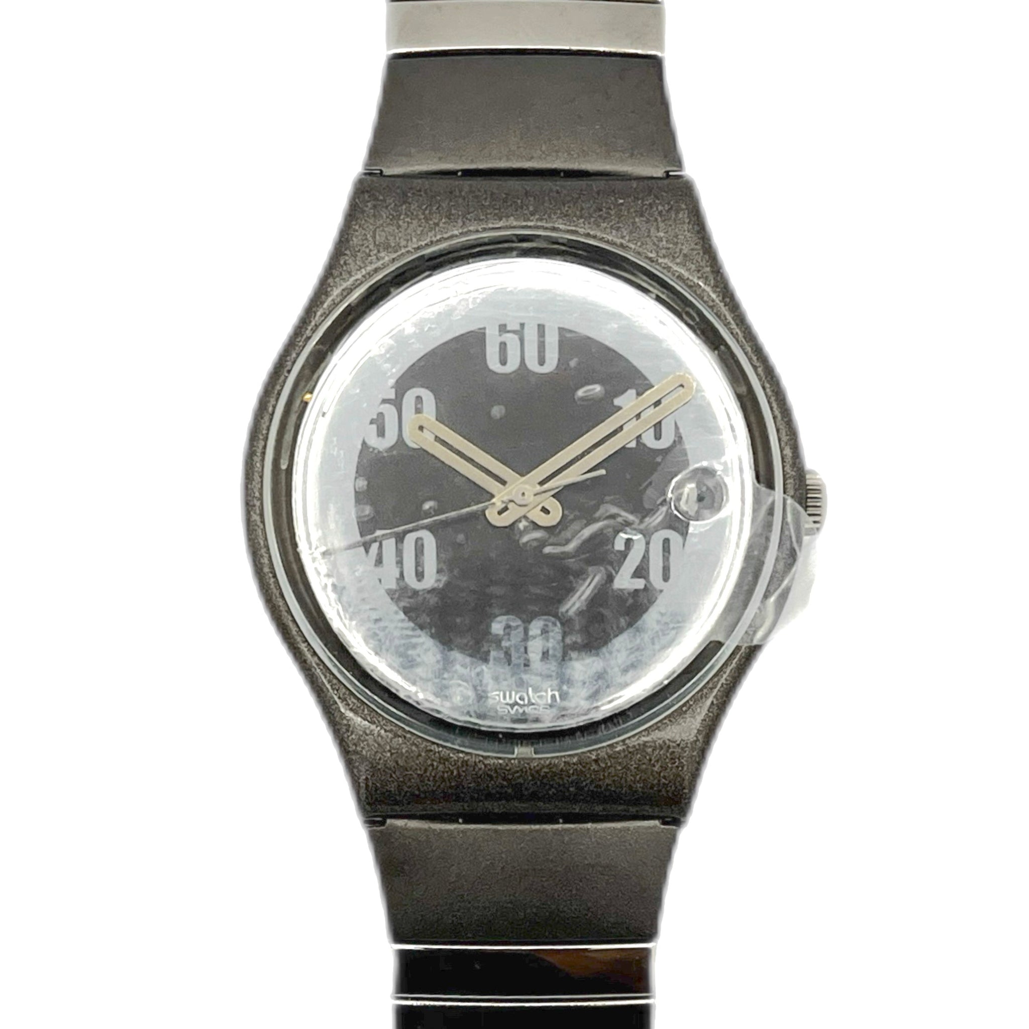 Black wristwatch with a clear face on a white background