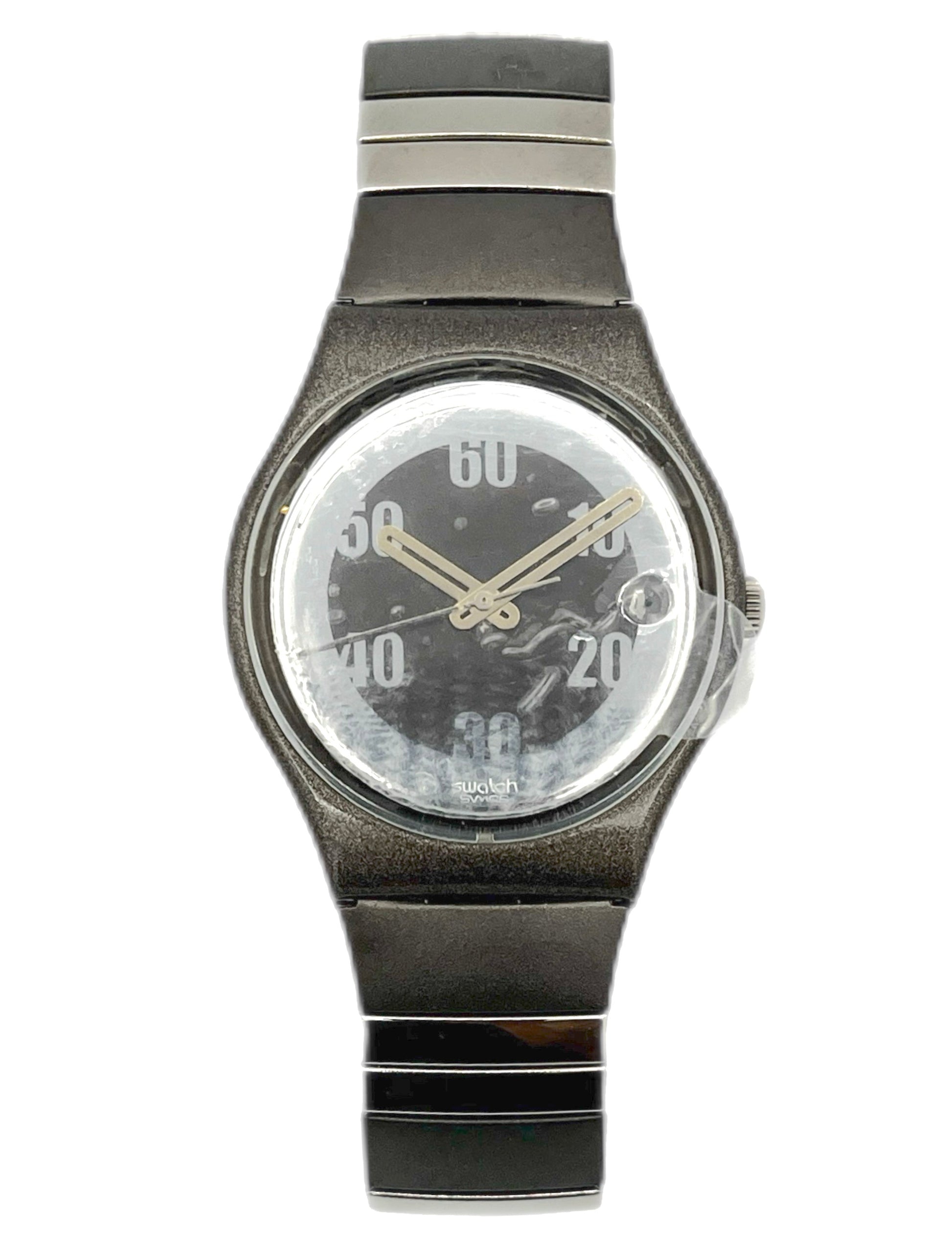 Black wristwatch with a clear face on a white background