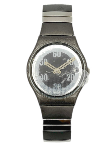 Black wristwatch with a clear face on a white background