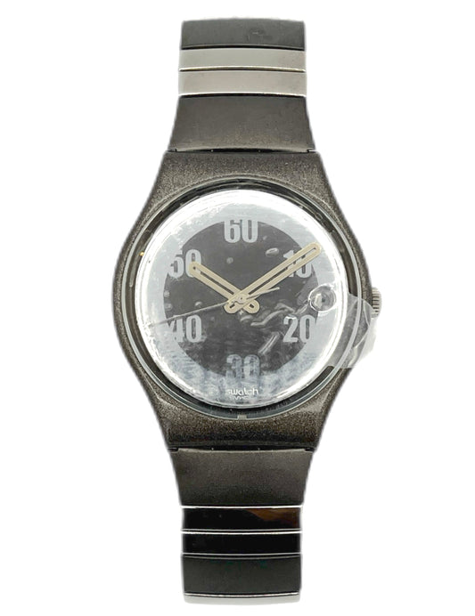 Black wristwatch with a clear face on a white background