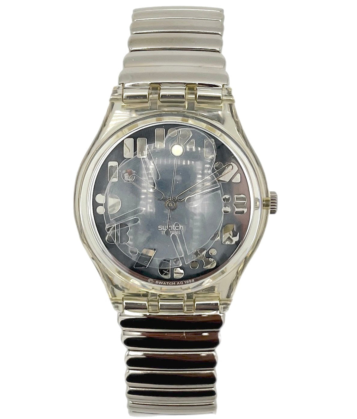 Silver watch with a unique design on a white background