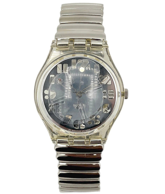 Silver watch with a unique design on a white background