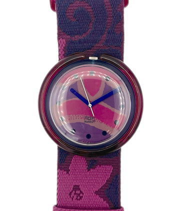 Watch with a purple strap and pink face on a white background