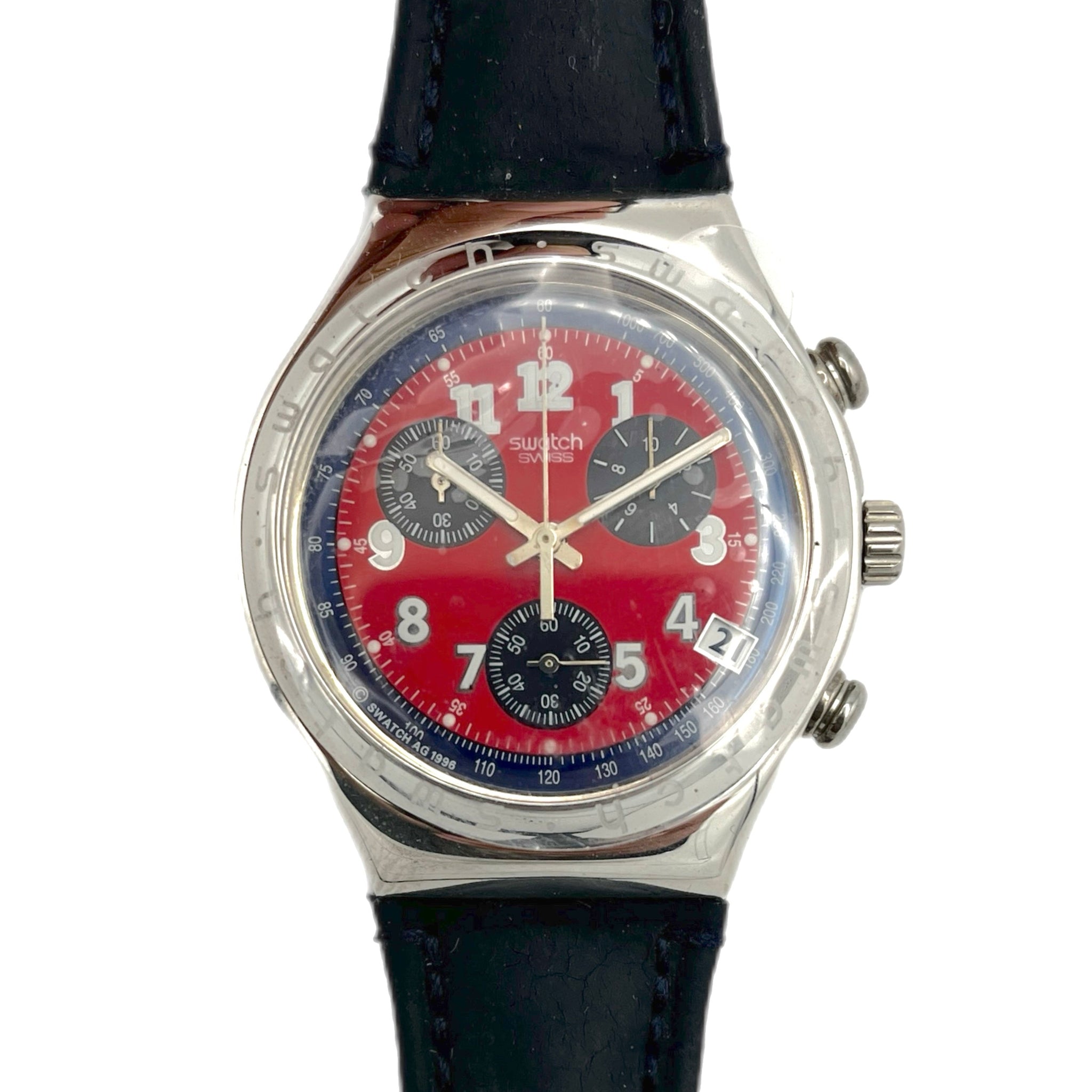 Wristwatch with a red face and black leather strap on a white background