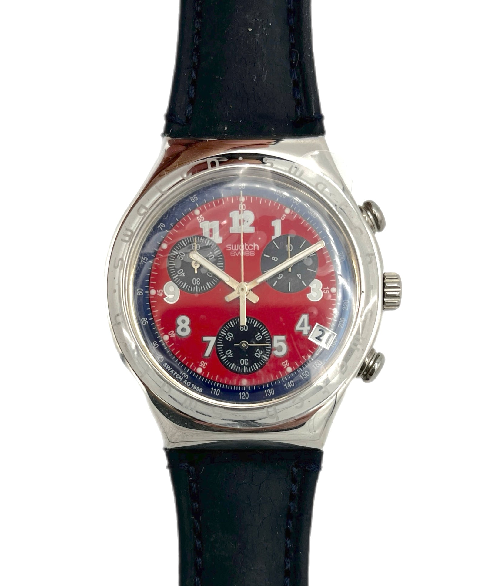 Wristwatch with a red face and black leather strap on a white background