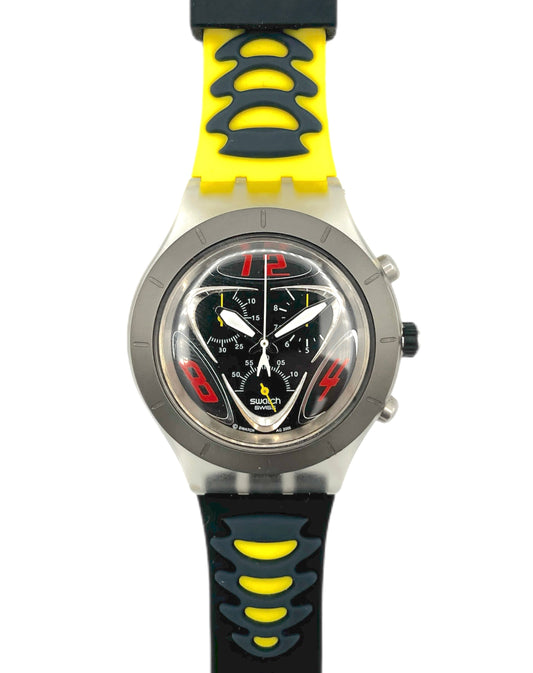 Wristwatch with a black and yellow strap on a white background