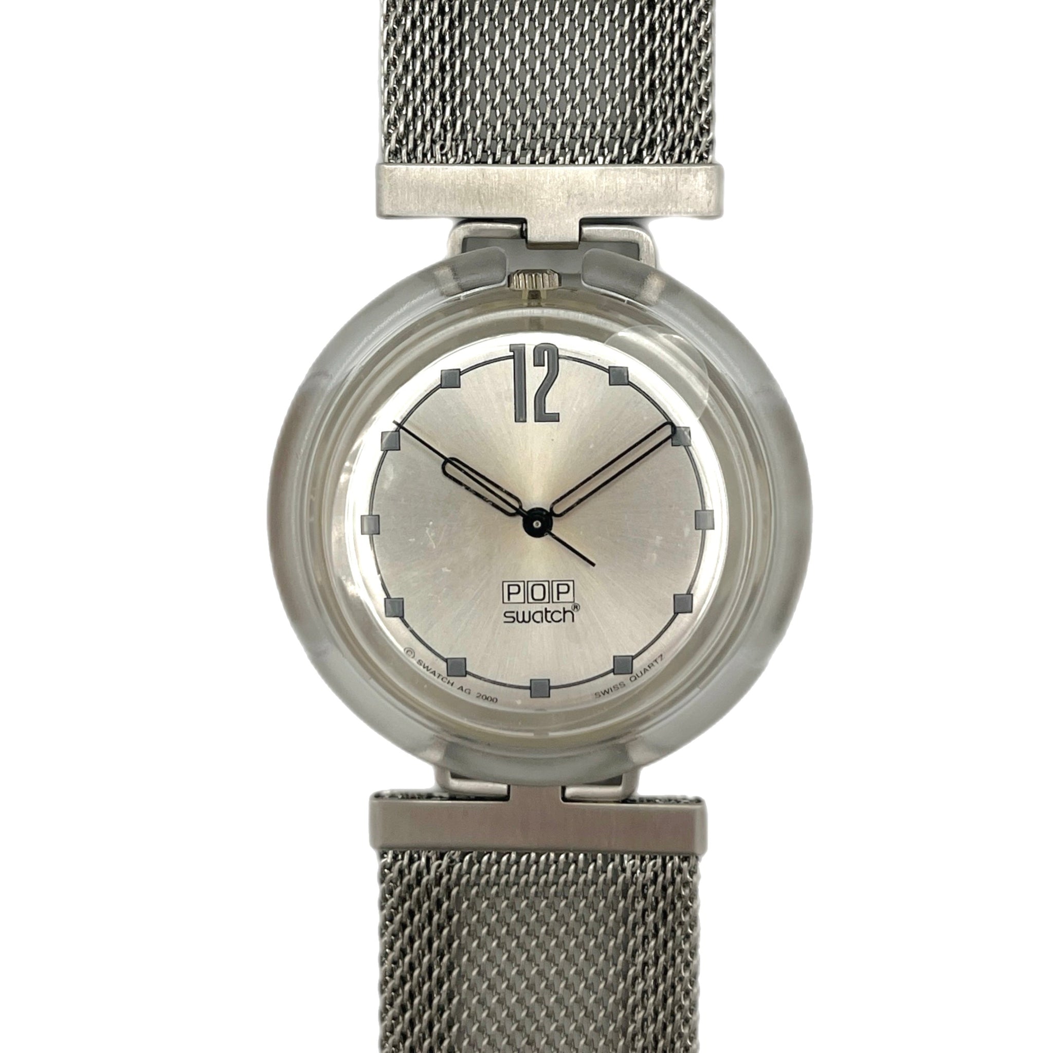 Silver watch with mesh band on a white background