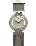 Silver watch with mesh band on a white background
