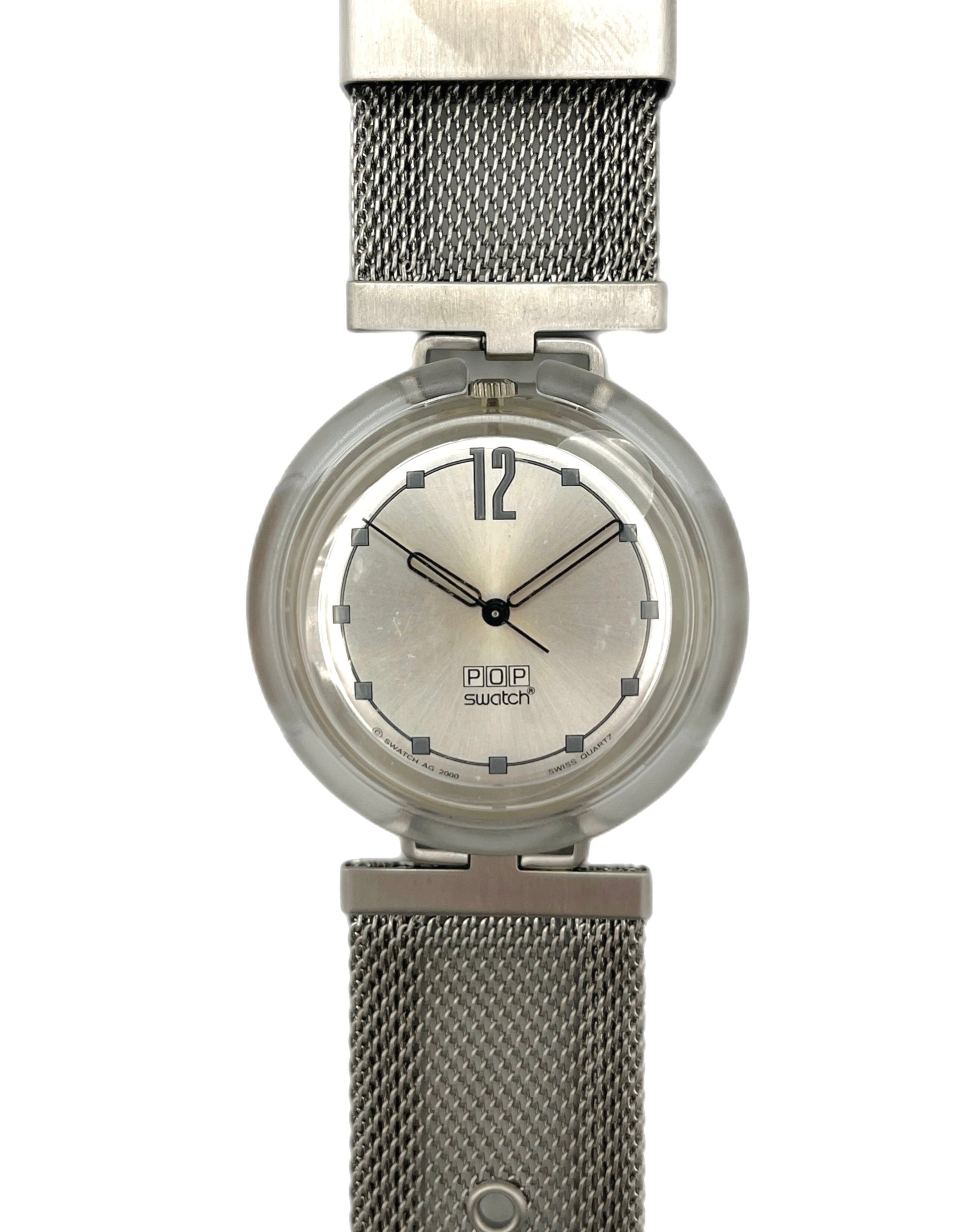 Silver watch with mesh band on a white background