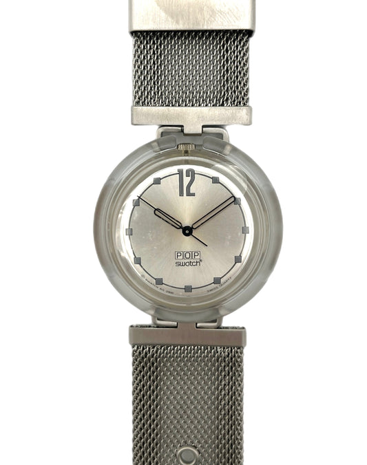 Silver watch with mesh band on a white background