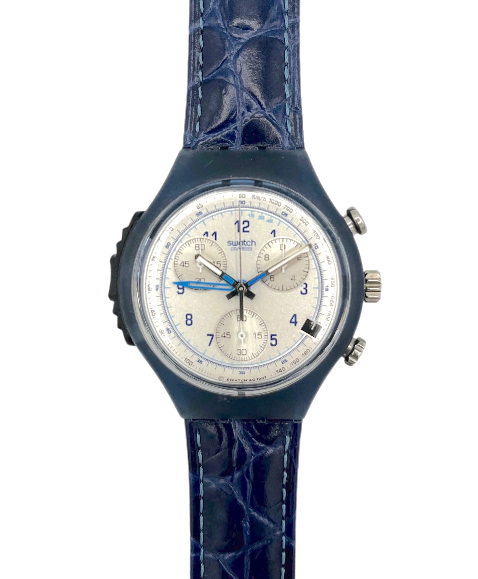 Wristwatch with blue strap and detailed face on a white background