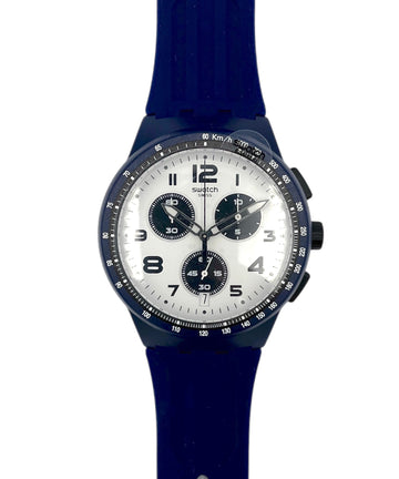 Wristwatch with a blue strap and white dial on a white background