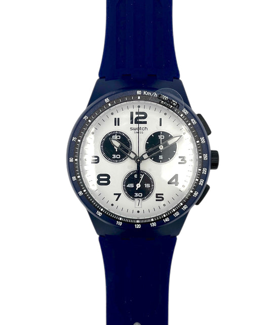 Wristwatch with a blue strap and white dial on a white background