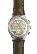 Watch with a brown leather strap and silver case on a white background