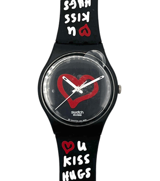 Black Swatch watch with heart design and text on a white background