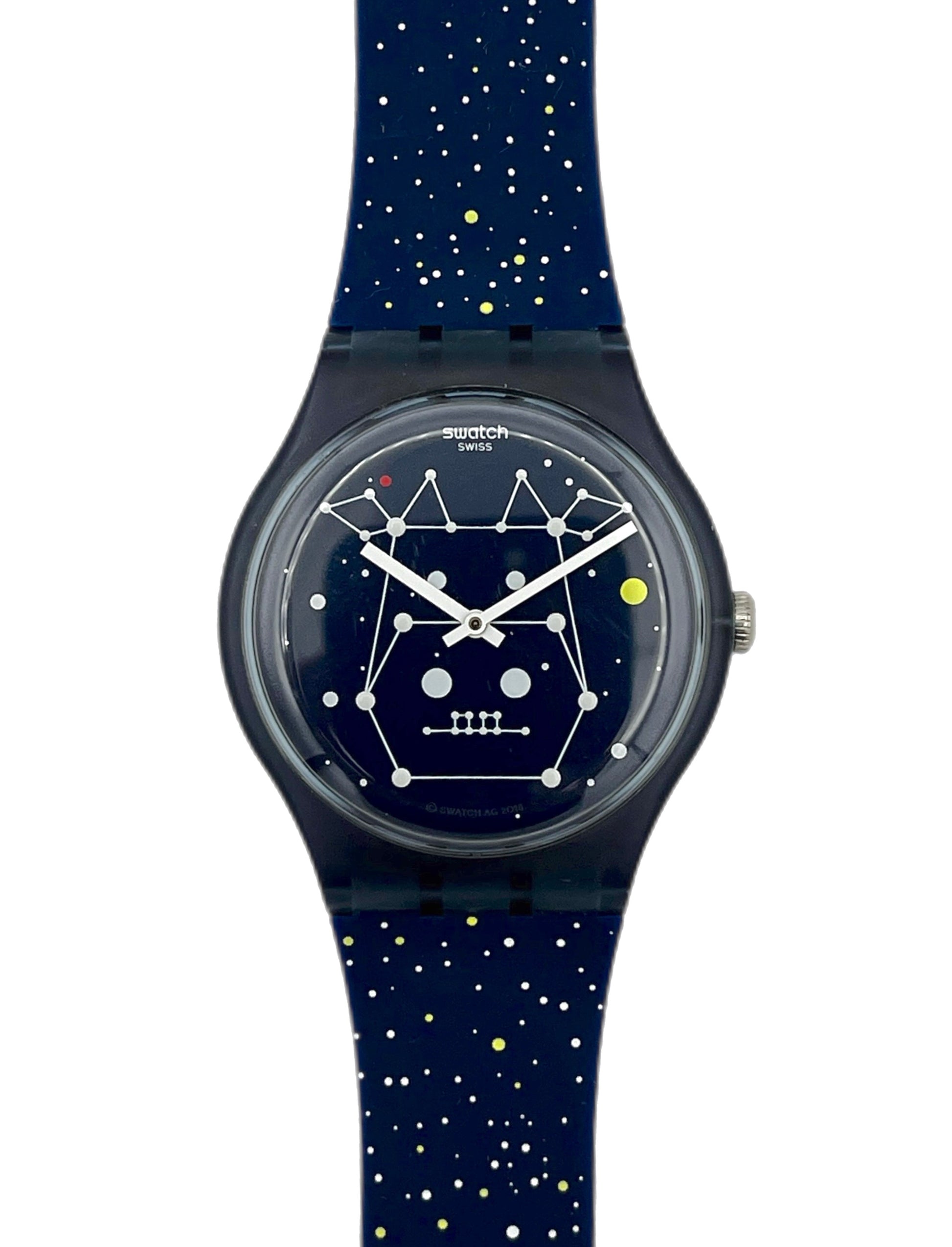 Swatch watch with starry night design on a white background
